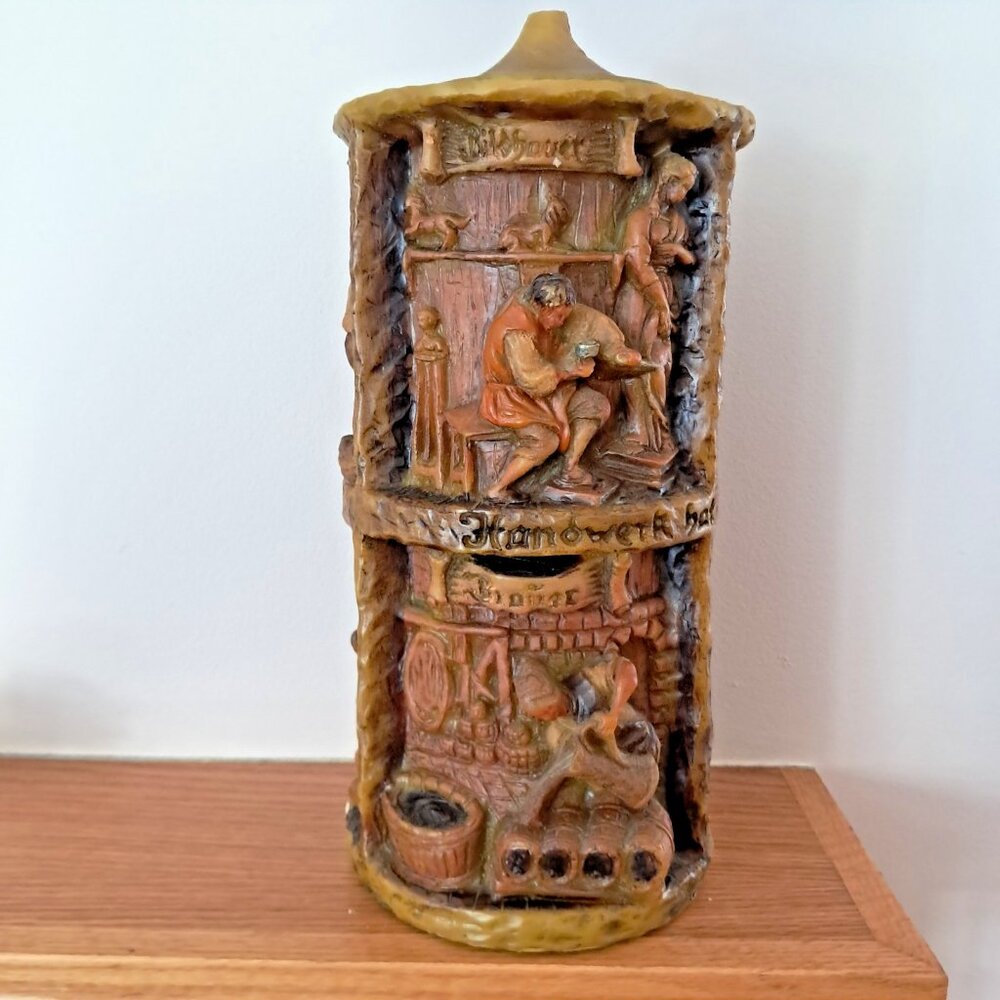 Vintage Johann Gunter Relief Candle-Hand Carved German Wax Art-6 Trades-13" Tall